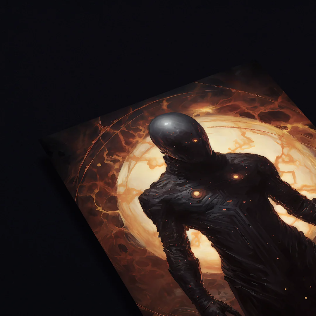 A lone figure in a black spacesuit levitates in space amidst swirling cosmic energy.
