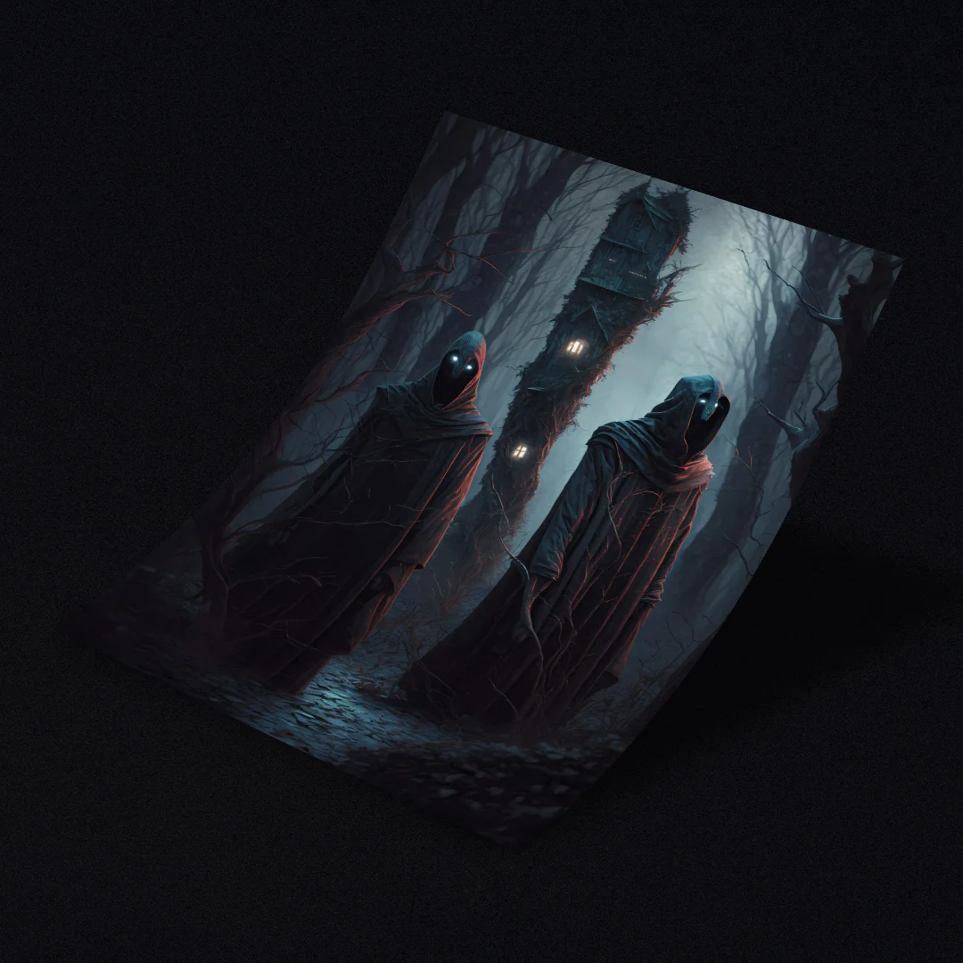 Two mysterious figures with glowing blue eyes in a foggy forest, guarding a totem-like structure.