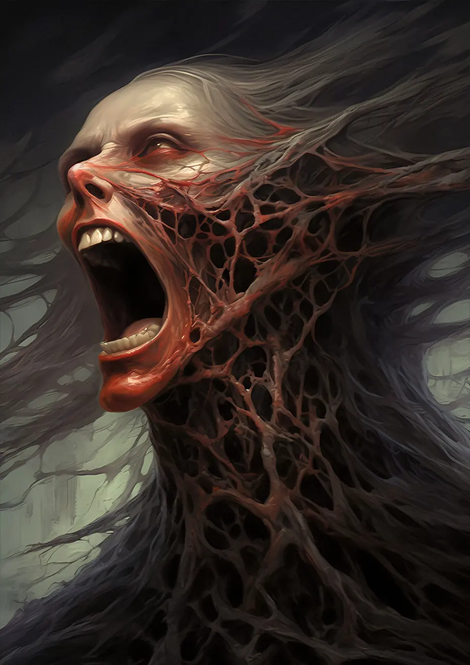 Veins of Sorrow, a surreal painting of a woman merging with tree-like branches, screaming in pain. Sorrowful Veins.