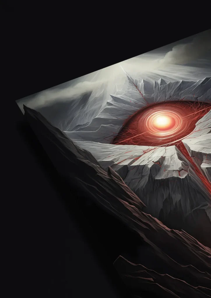 Stone Colossus stands amidst mountains, guarding a fiery crimson eye.