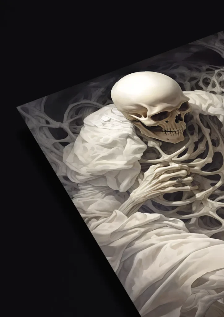 A skeletal figure draped in tattered robes stands amidst dark, bone-like structures.