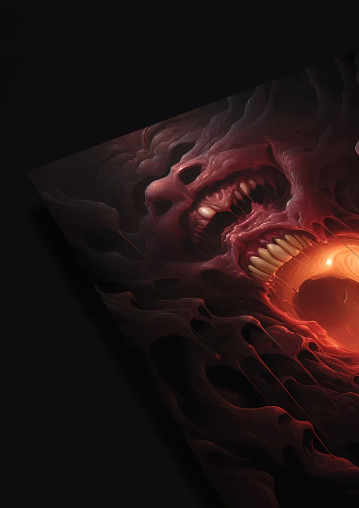 A grotesque fusion of fleshy textures, a glowing abyss, and a haunting face.