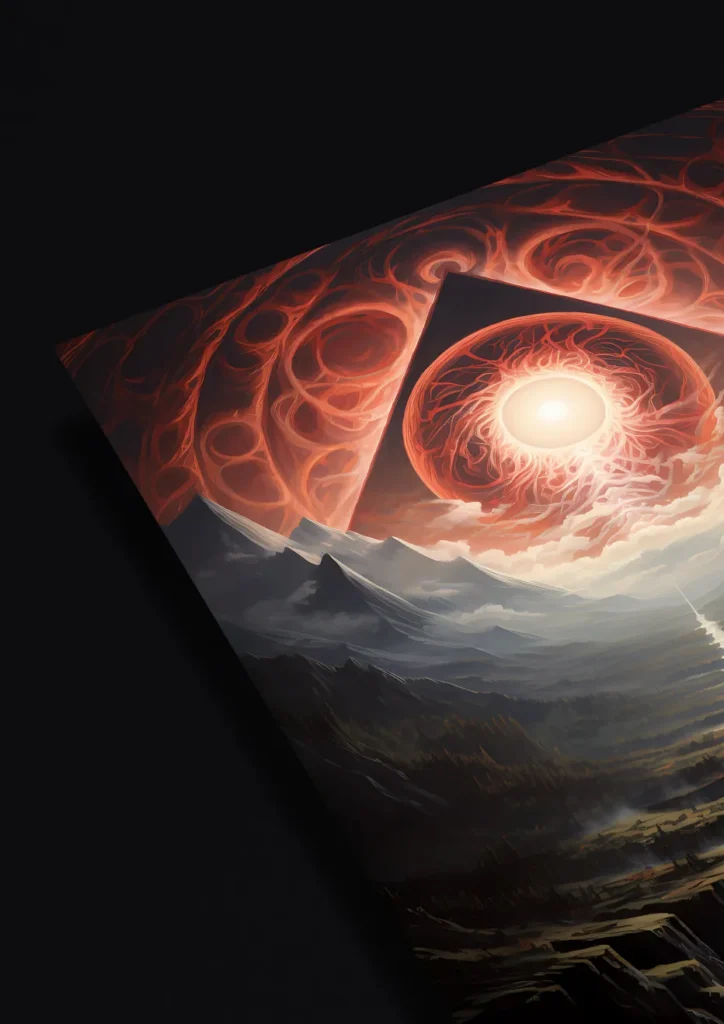 Dark fantasy artwork depicting a breathtaking vista with a cosmic gateway.