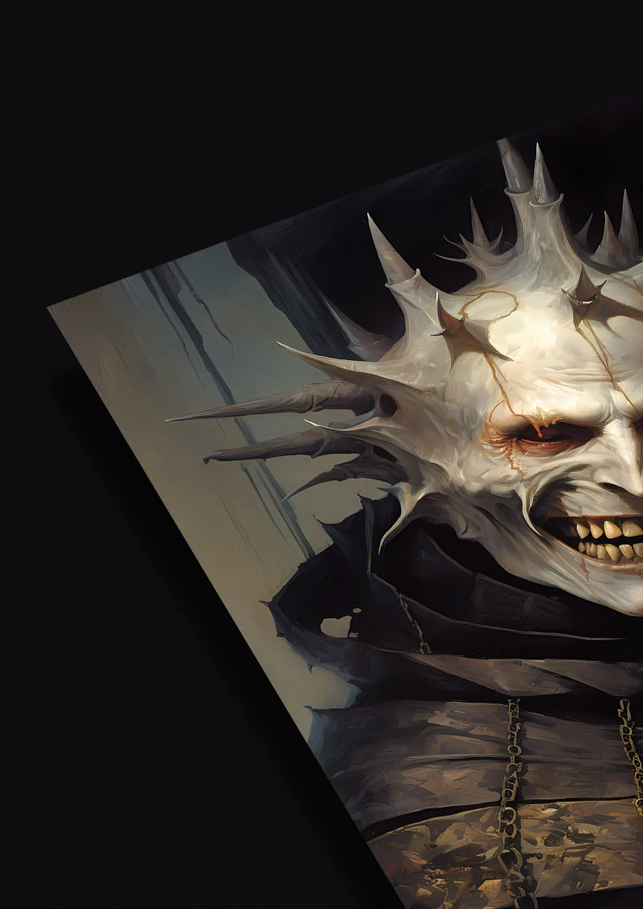 Artwork titled 'Jester of Madness' featuring an unsettling figure with a sinister grin against a dark background.
