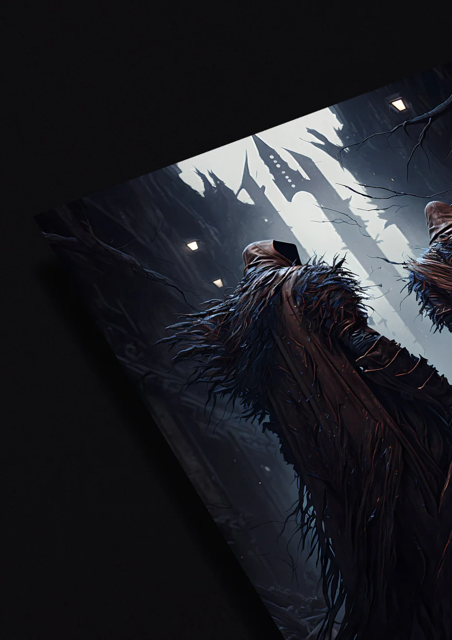Artwork depicting Grim Hunters in ethereal pursuit amidst ruins and mysterious attire, exploring a haunting narrative.