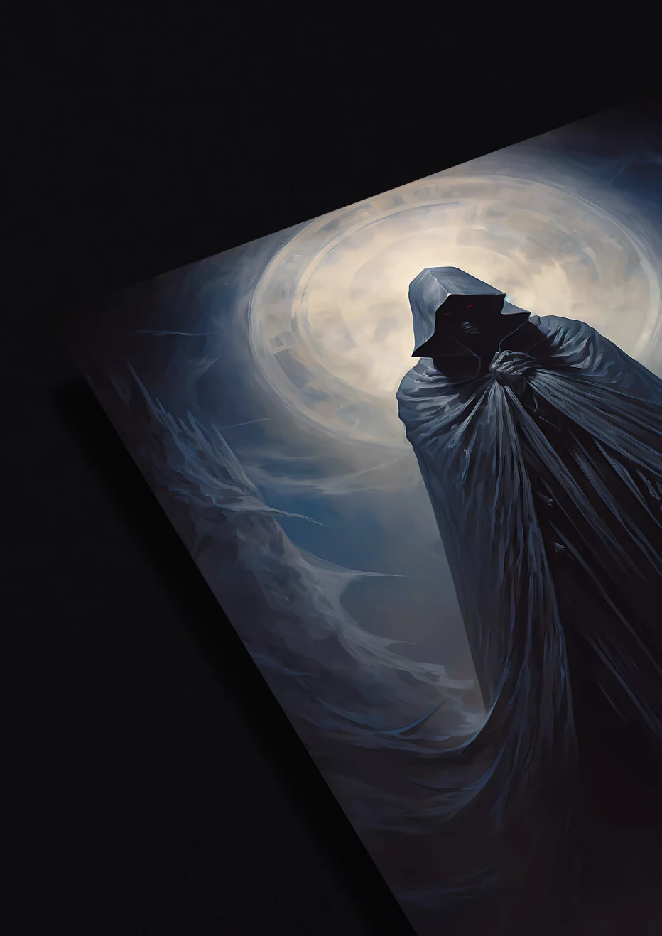 Artwork showing the Dark Presence, a cloaked figure against an eerie backdrop, symbolizing mystery and enigma.