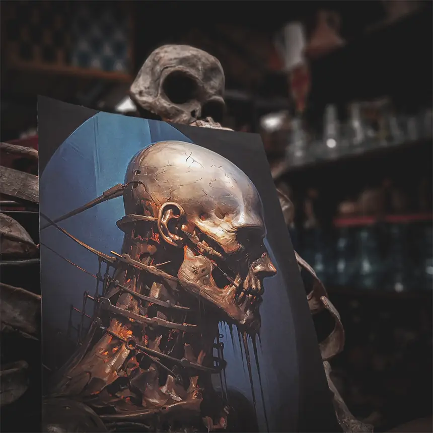 Poster laying against skeleton.